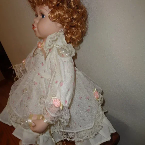 Blowing Bubbles Porcelain Doll with Wand & Bubbles and Seat To Sit On 15 Inch - Picture 3 of 10